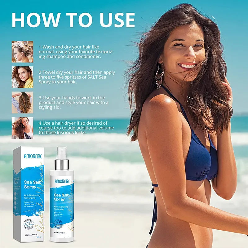 Spray de cabelo natural com sal marinho para cabelos ondulados na praia