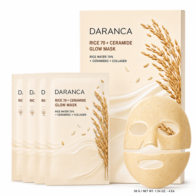 DARANCA Rice 70 + керамиды, 4 листа, защитная маска, 70% рисовая вода, коллаген, увлажняющее, восстанавливающее, осветляющее средство